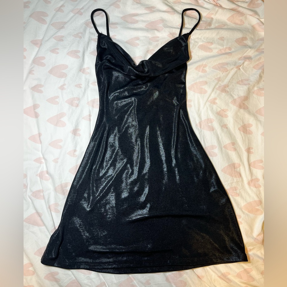 URBAN OUTFITTERS black Melody metallic cowl neck strappy back mini dress